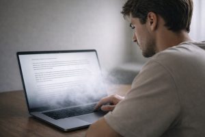 Junger Mann sitzt vor einem dampfenden Laptop und liest wirkungslosen KI-Text.