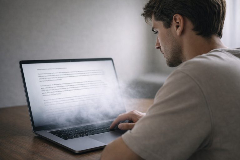 Junger Mann sitzt vor einem dampfenden Laptop und liest wirkungslosen KI-Text.