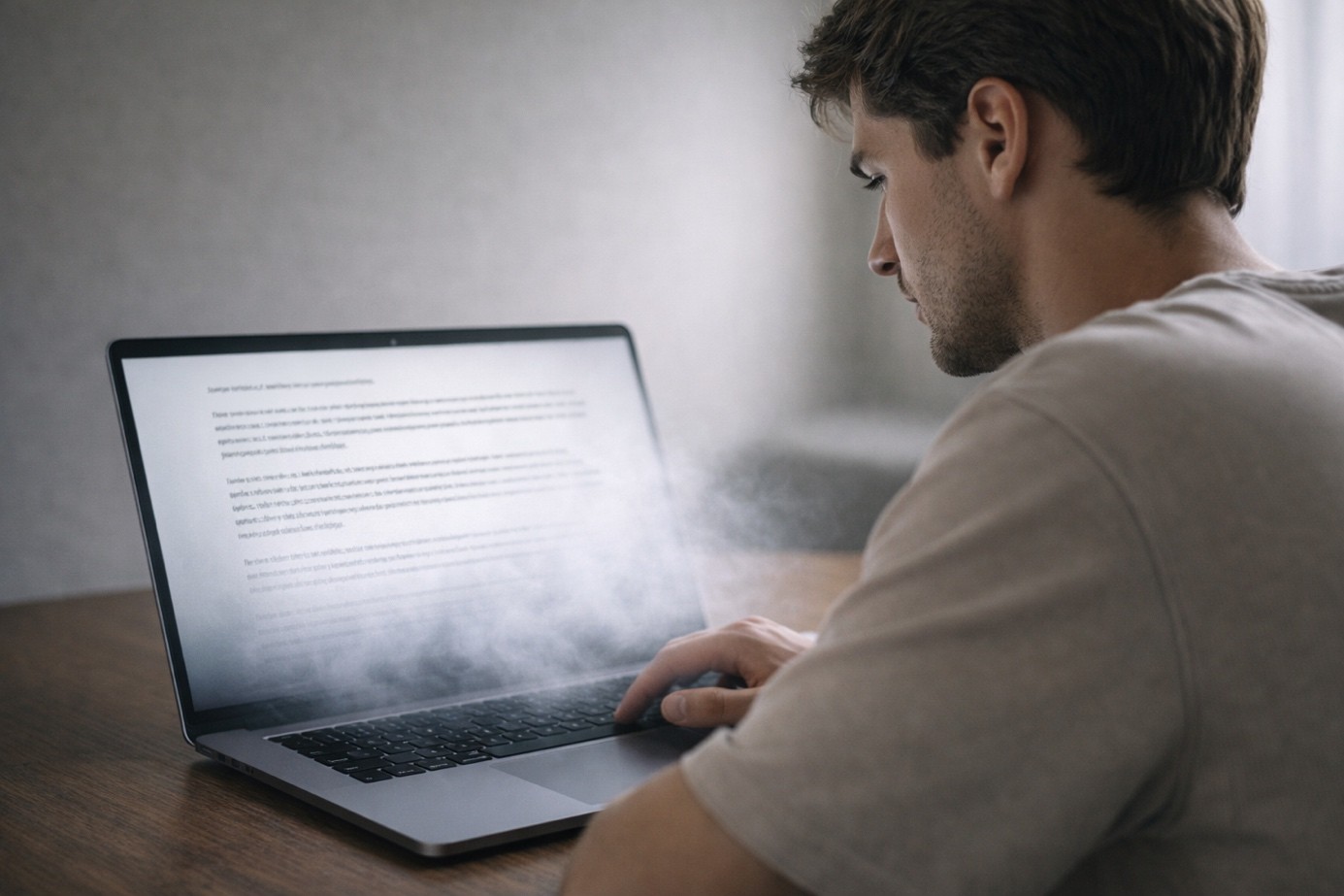 Junger Mann sitzt vor einem dampfenden Laptop und liest wirkungslosen KI-Text.