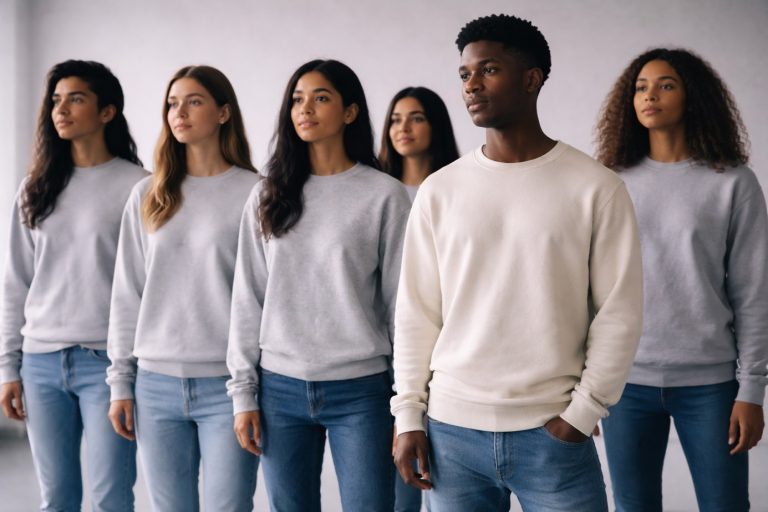 Ein Bild zeigt eine Gruppe junger Menschen. Alle sind gleich gekleidet. Nur ein junger Mann hebt sich durch eine andere Farbe seines Pullovers hervor.