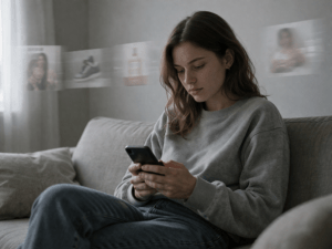 Junge Frau scrollt am Handy