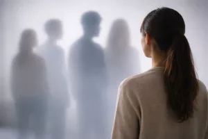 Frau steht vor verschwommenen Personen.