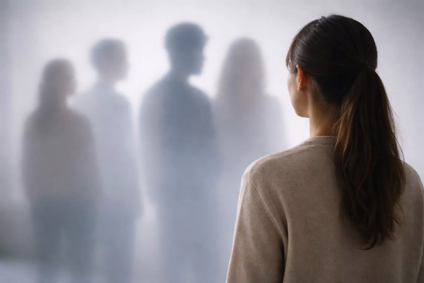 Frau steht vor verschwommenen Personen.
