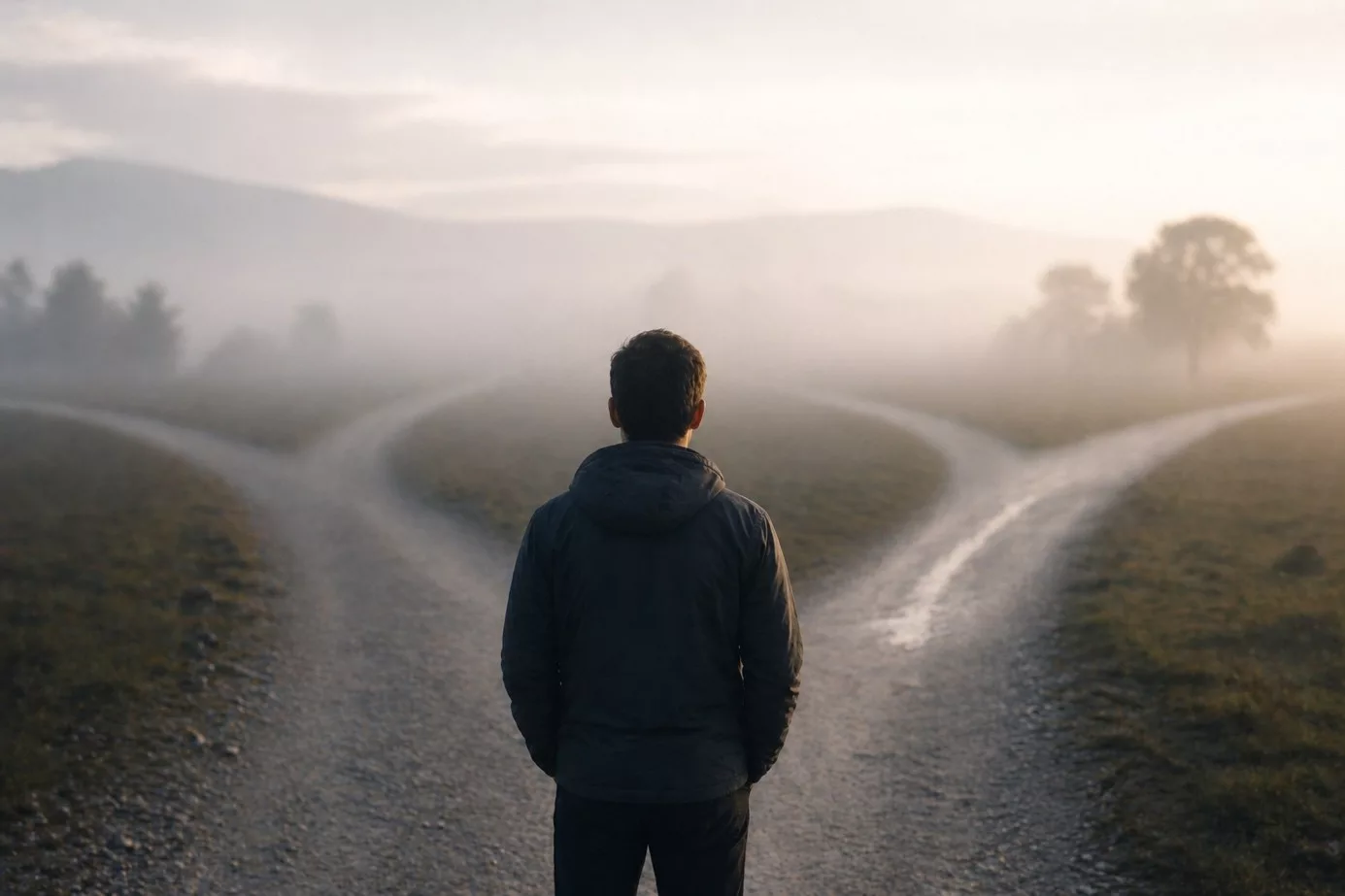 Eine Person steht an einer Weggabelung und schaut auf zwei verschiedene Wege.
