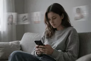Junge Frau am Handy auf einem Sofa Gen Z Sichtbarkeit Warum die GenZ dich nicht sieht obwohl du überall sichtbar bist Textagentur Textineers