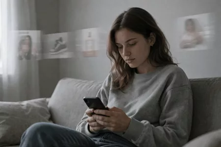 Junge Frau am Handy auf einem Sofa Gen Z Sichtbarkeit Warum die GenZ dich nicht sieht obwohl du überall sichtbar bist Textagentur Textineers