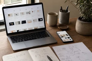 Laptop, Handy Stift und Papier auf einem Holzschreibtisch Contentplan mit KI: Warum er keine Kunden erreicht Textagentur Textineers
