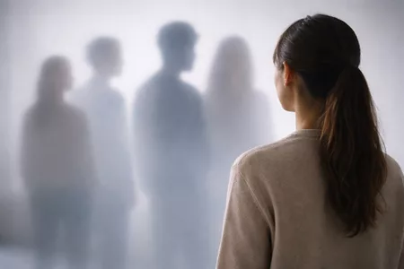 Junge Frau blickt auf verschwommene Menschen die unklar zu erkennen sind Zielgruppe Marketing Warum Zielgruppenbeschreibungen nichts bringen Textagentur Textineers