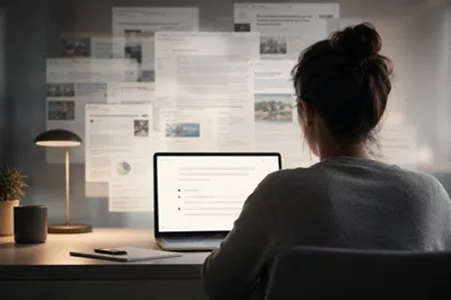 Frau vor Bildschirm in Büro Multitasking GenZ Marketing Textagentur Textineers